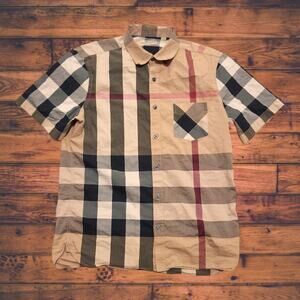 Burberry London Beige Plaid Short Sleeve Button Up Shirt